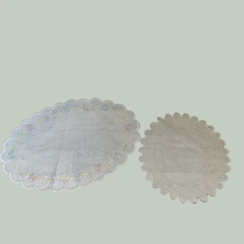 Handcrafted Doily Set Home White Floral Embroidered Scalloped Linen Vintage